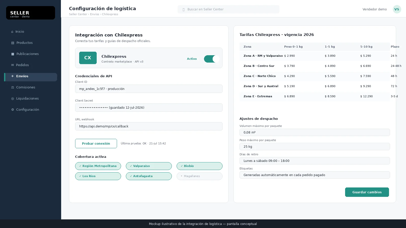 Captura de pantalla de la integración logística con Chilexpress en Seller Center (mockup)