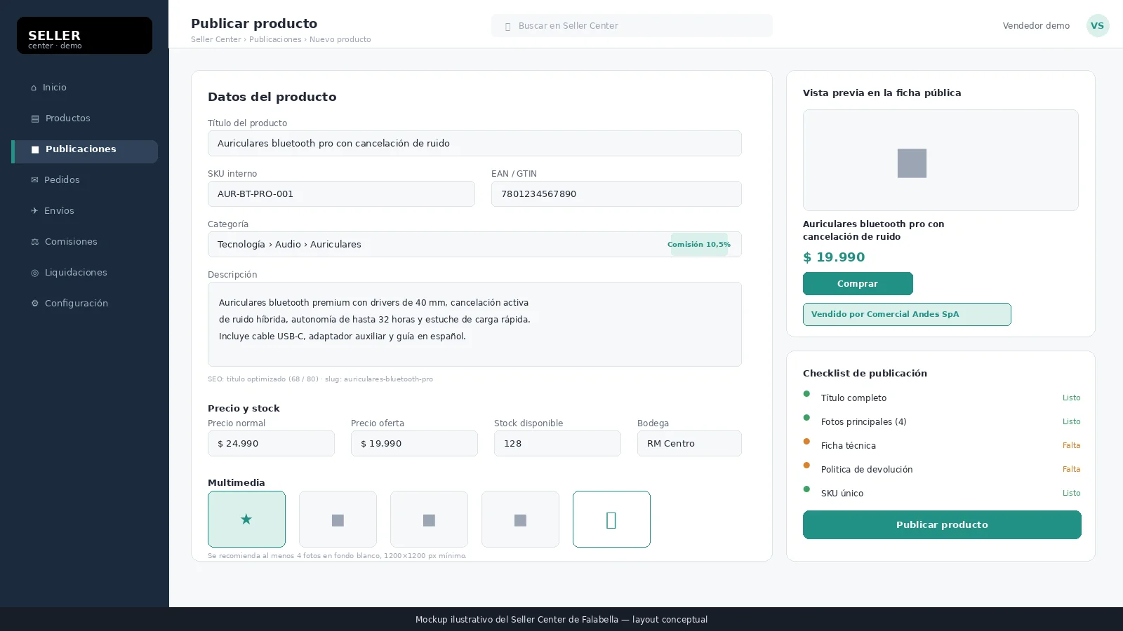 Captura de pantalla del editor de publicación de producto en Seller Center Falabella (mockup)