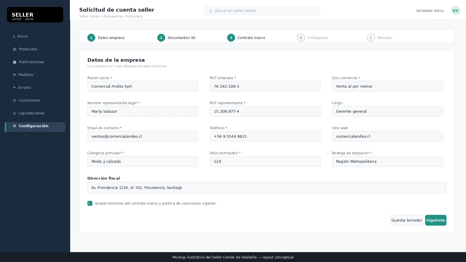 Captura de pantalla del formulario de solicitud de cuenta seller en Falabella (mockup)