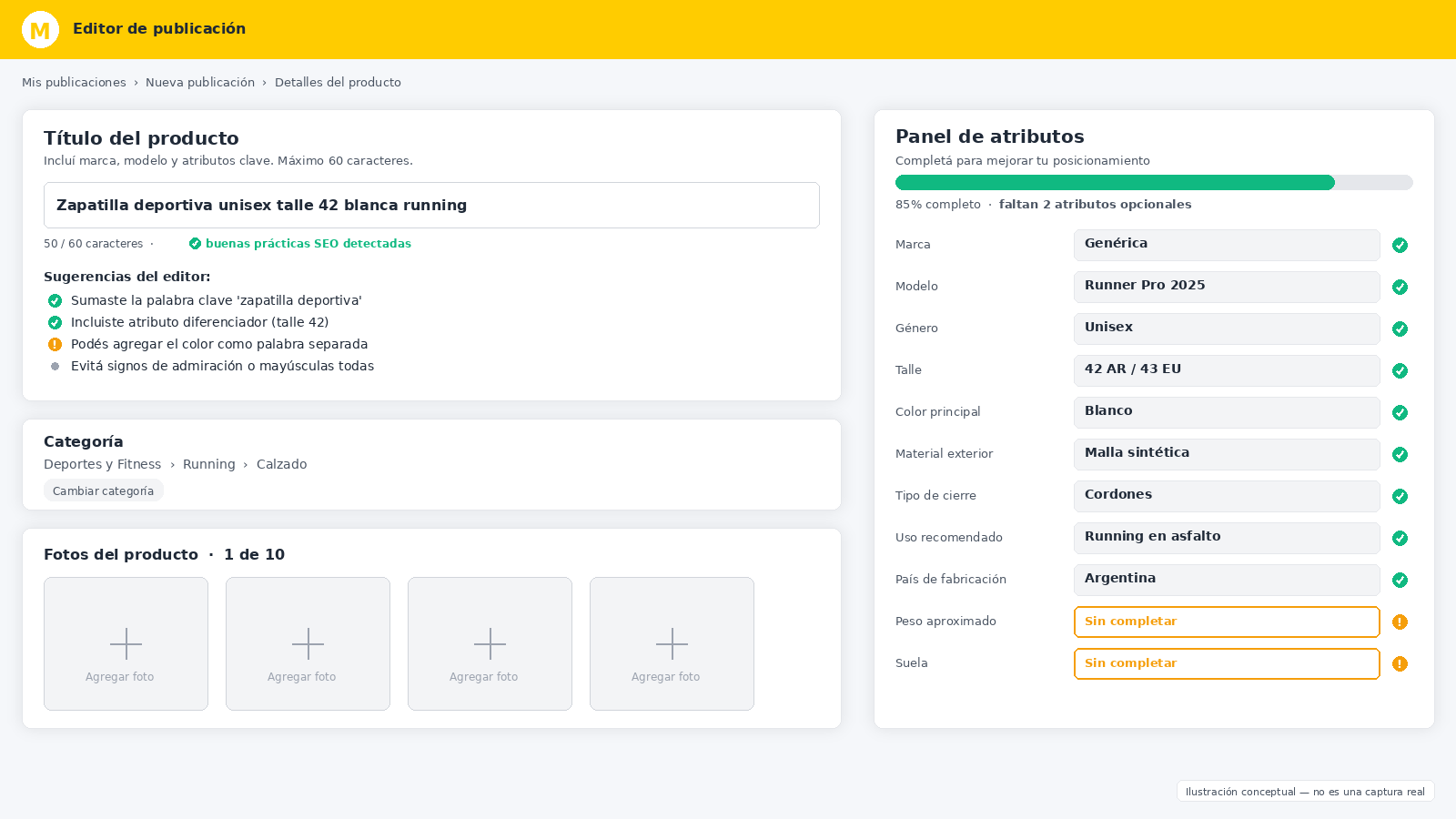 Editor de publicación Mercado Libre con campo título optimizado y ficha de atributos completos