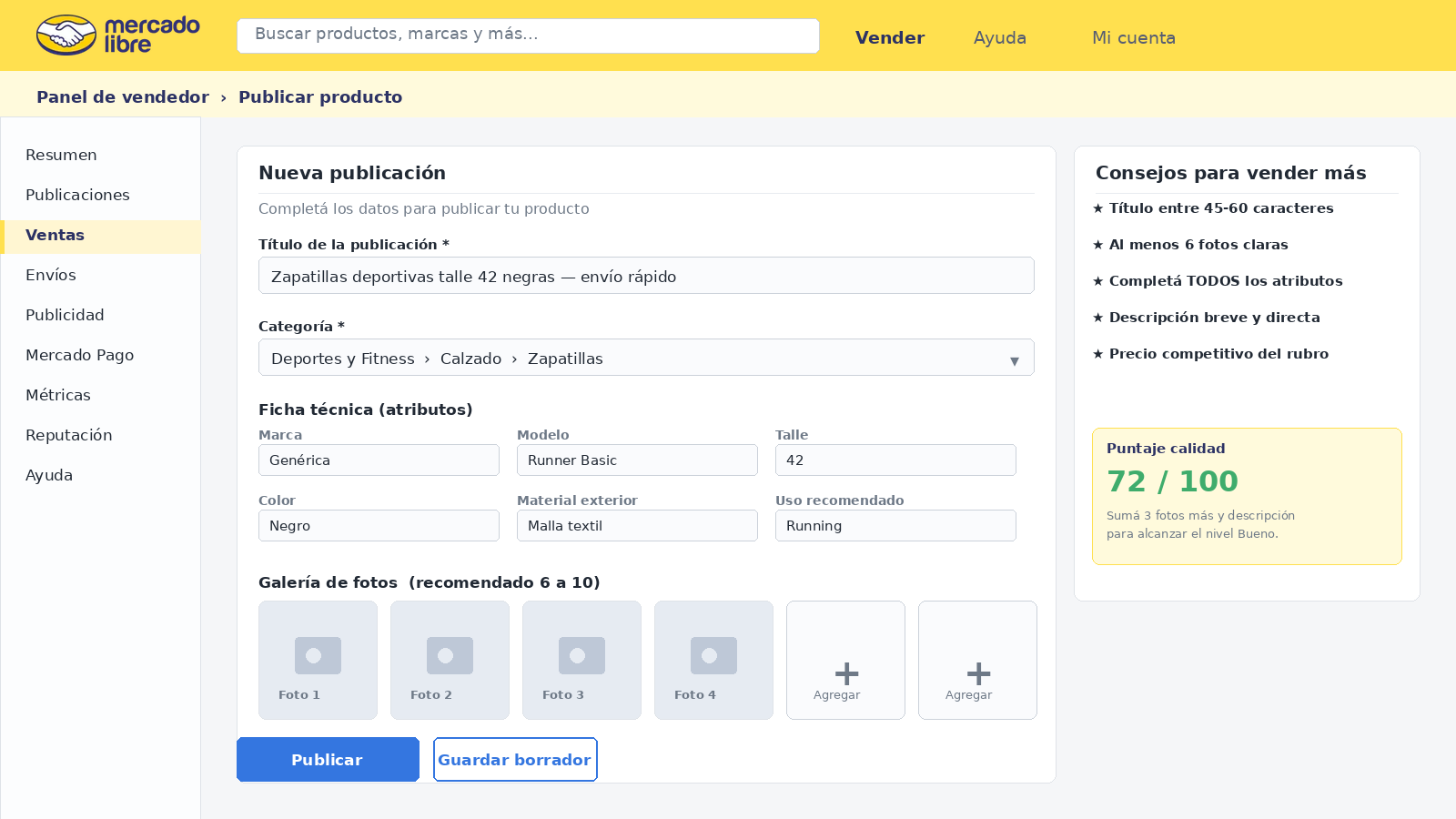 Formulario de publicación con atributos y galería — Mercado Libre panel de vendedor 2026