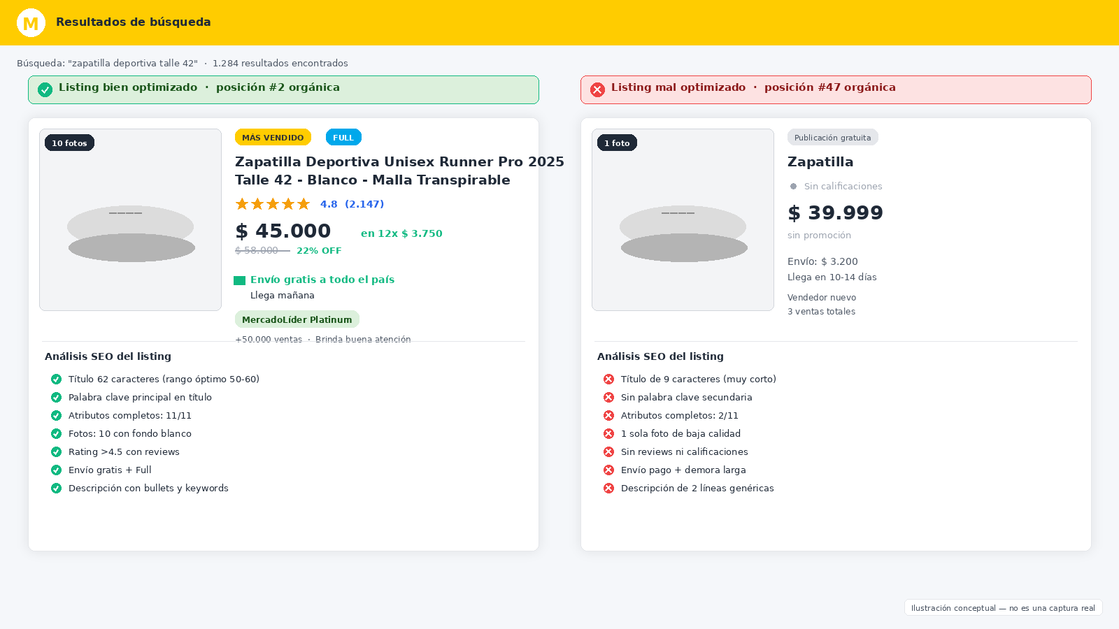 Comparativa side-by-side de listing top-ranked y listing pobre en la misma categoría Mercado Libre