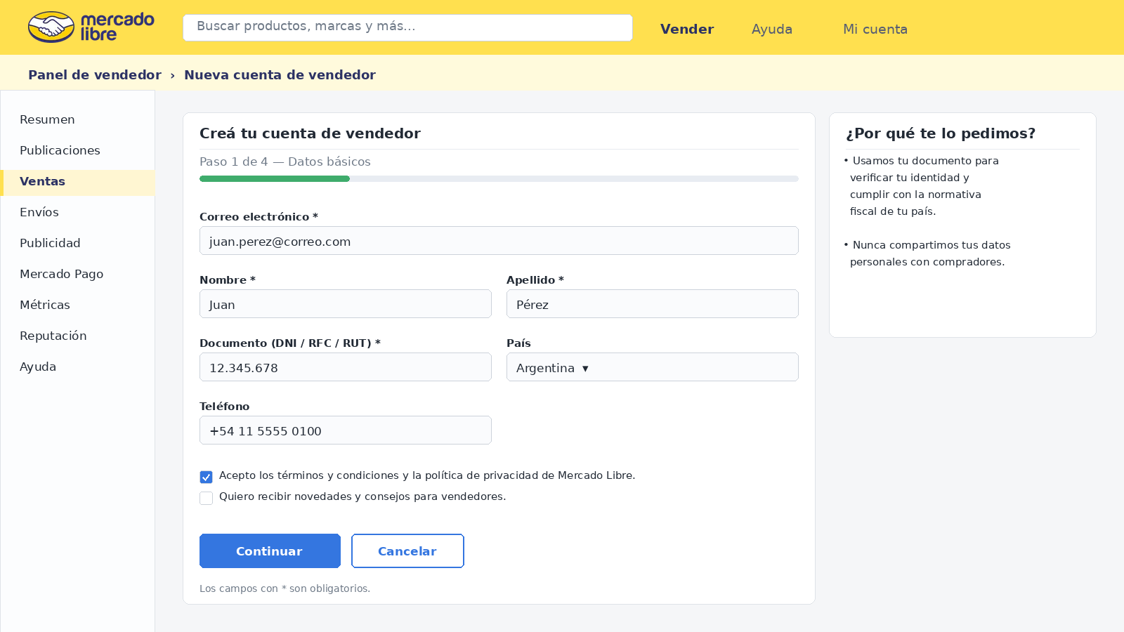 Formulario de registro de vendedor — Mercado Libre panel de vendedor 2026