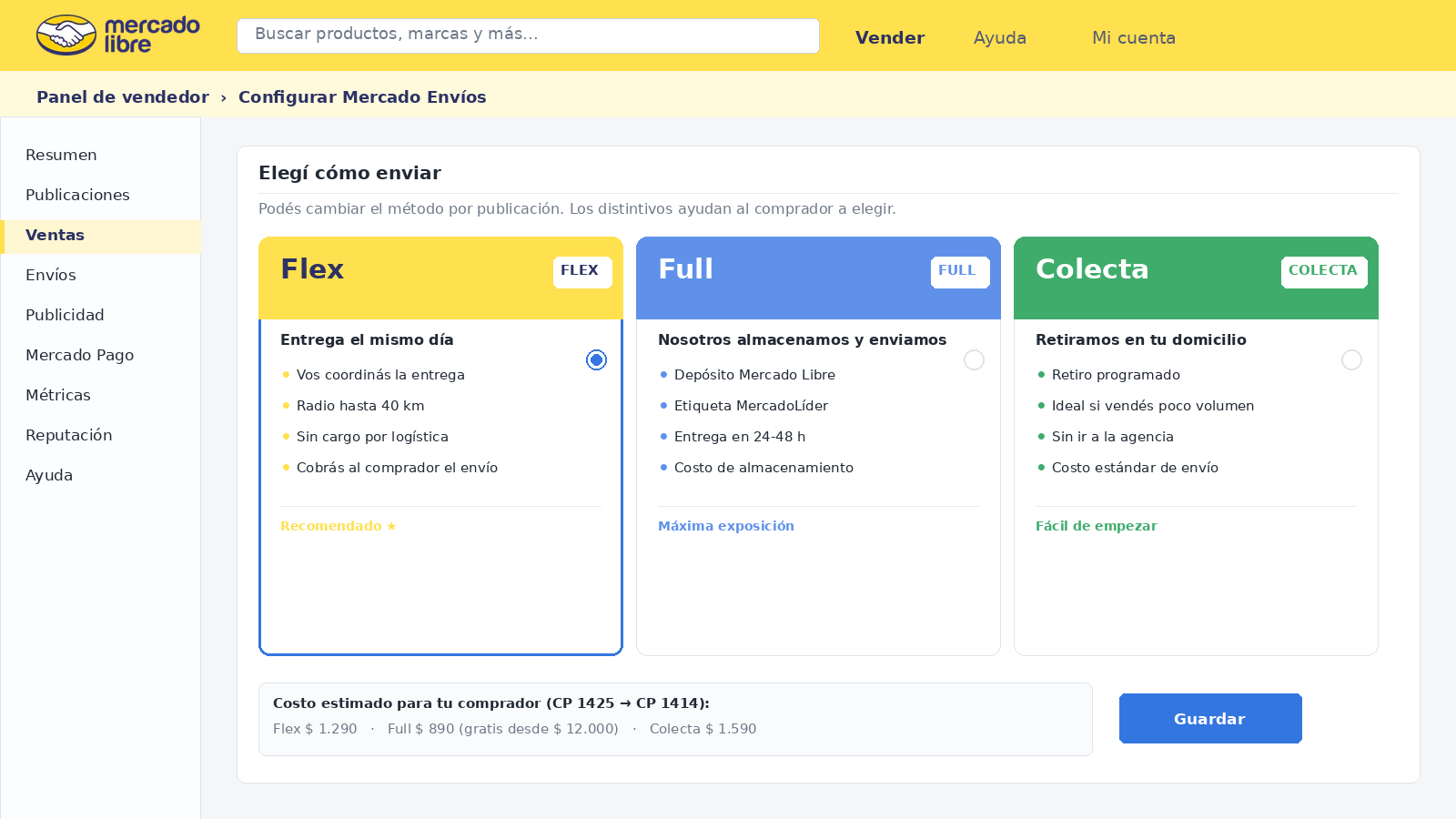 Selector de Mercado Envíos Flex, Full y Colecta — Mercado Libre panel de vendedor 2026