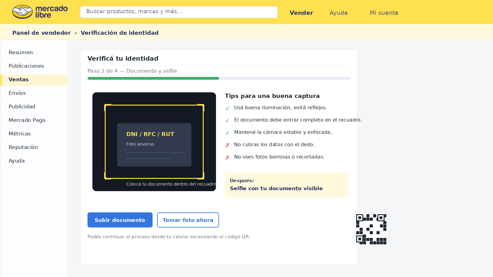 Pantalla de verificación de identidad — Mercado Libre panel de vendedor 2026