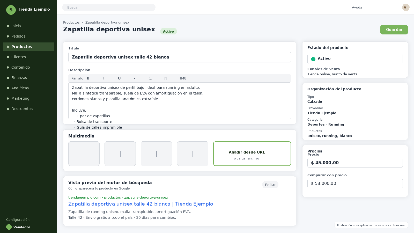 Editor de página de producto en Shopify admin mostrando campos de título, descripción y vista previa de motor de búsqueda