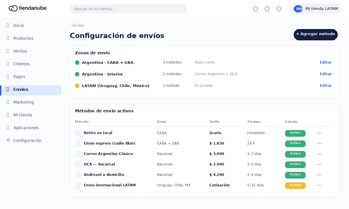 Configuración de envíos en Tiendanube