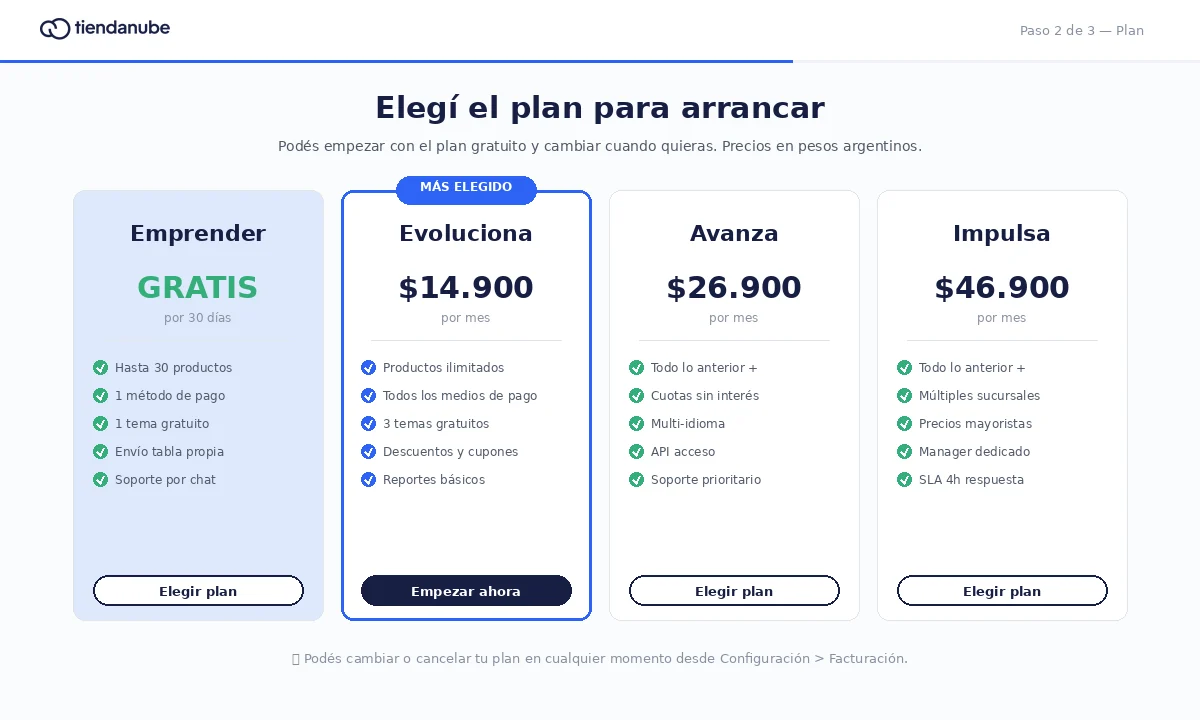 Pantalla de selector de plan Tiendanube